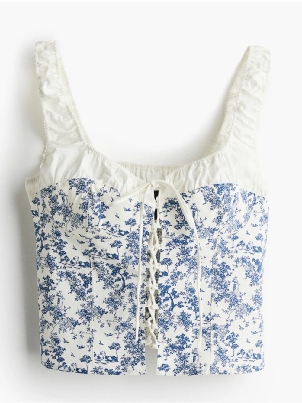 H&M White and Blue Lace-Up Floral Bustier Crop Top